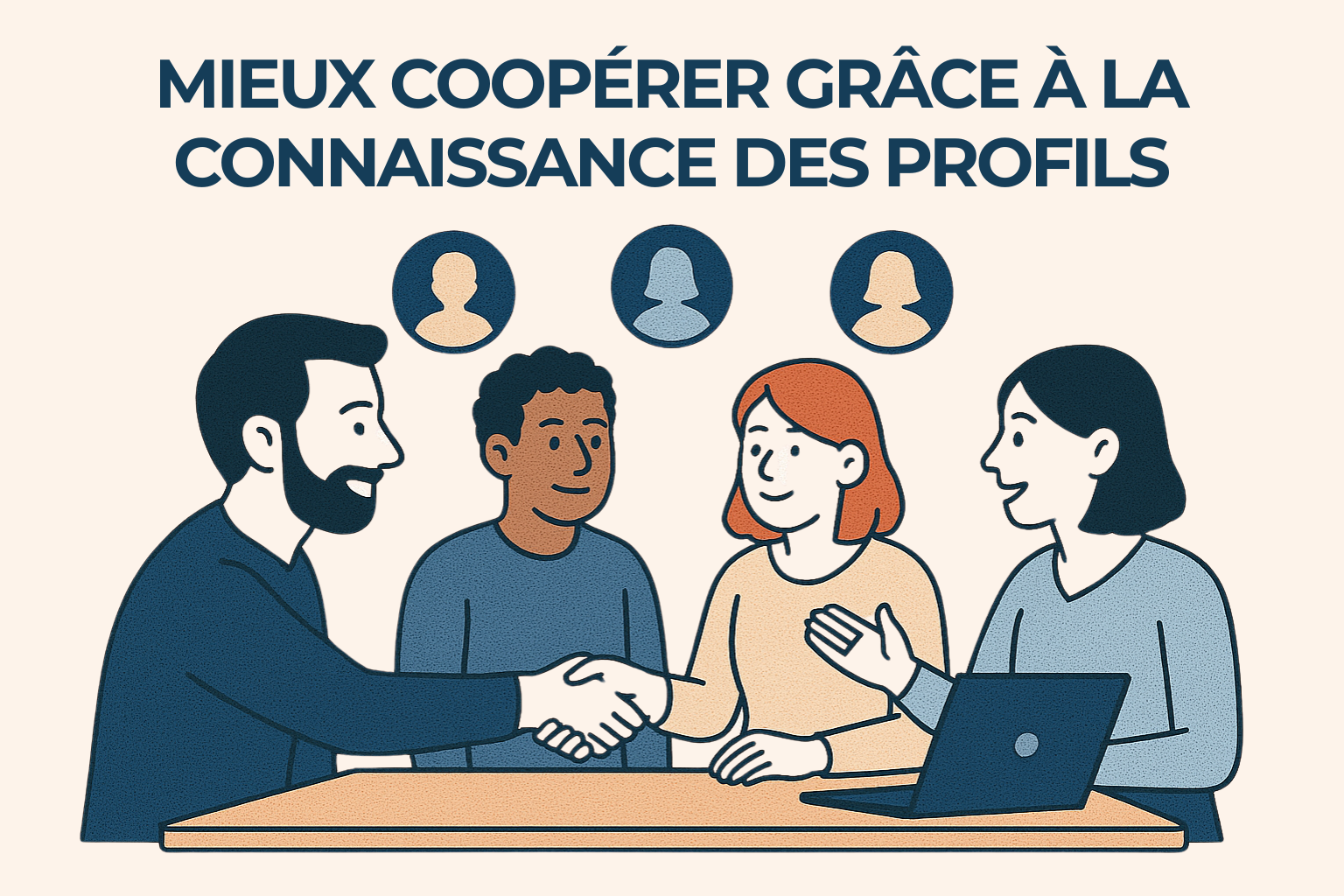 Quatre collègues coopérant autour d'une table en se basant sur la connaissance des profils.