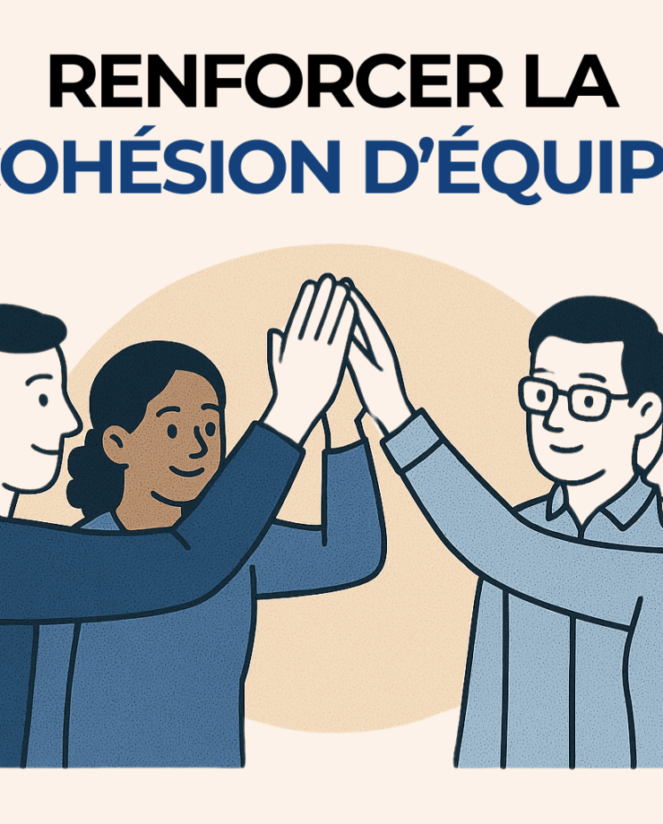 Illustration de quatre collègues effectuant un high-five pour renforcer la cohésion d'équipe.