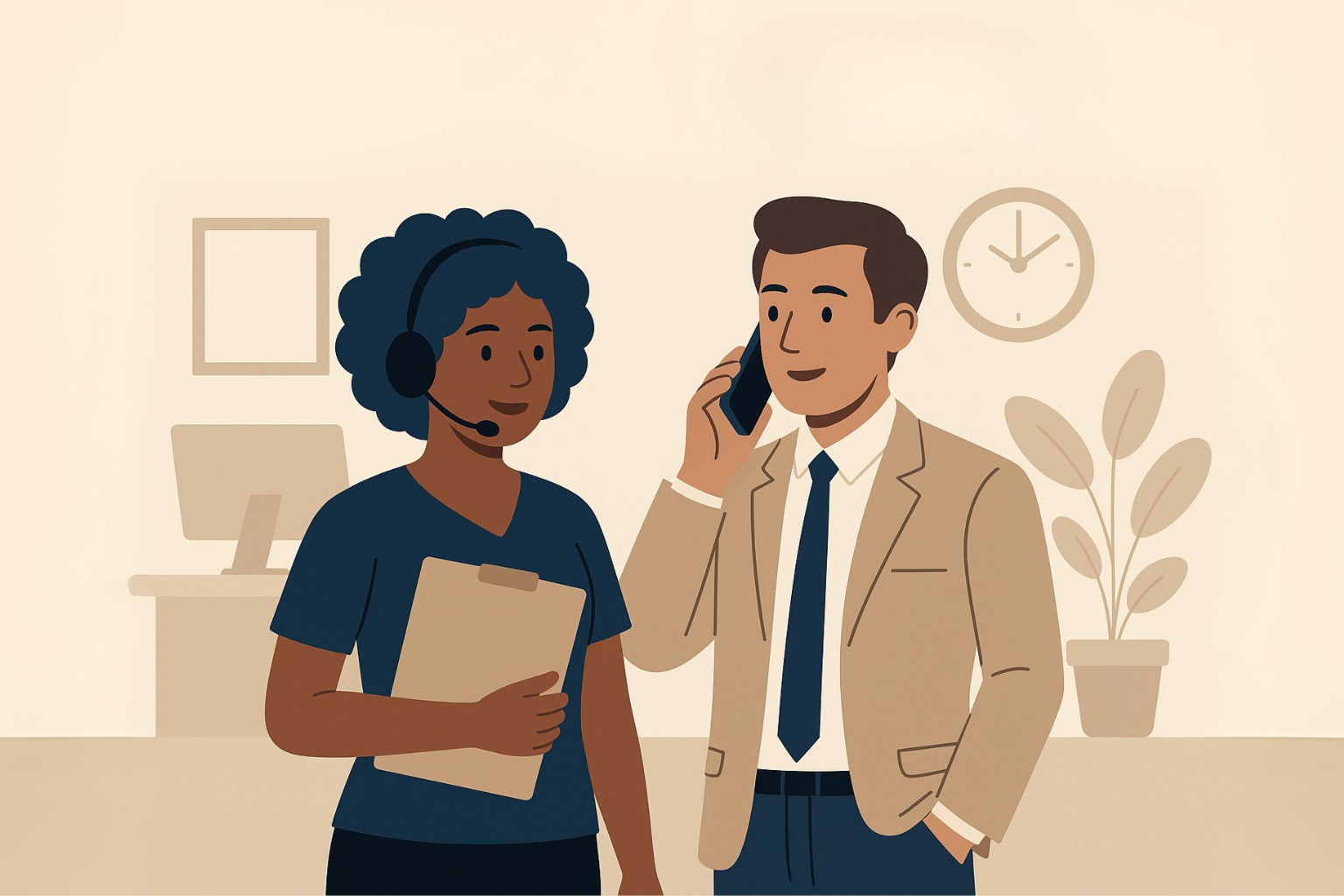 Employé rassurant un client mécontent avec une attitude posée.