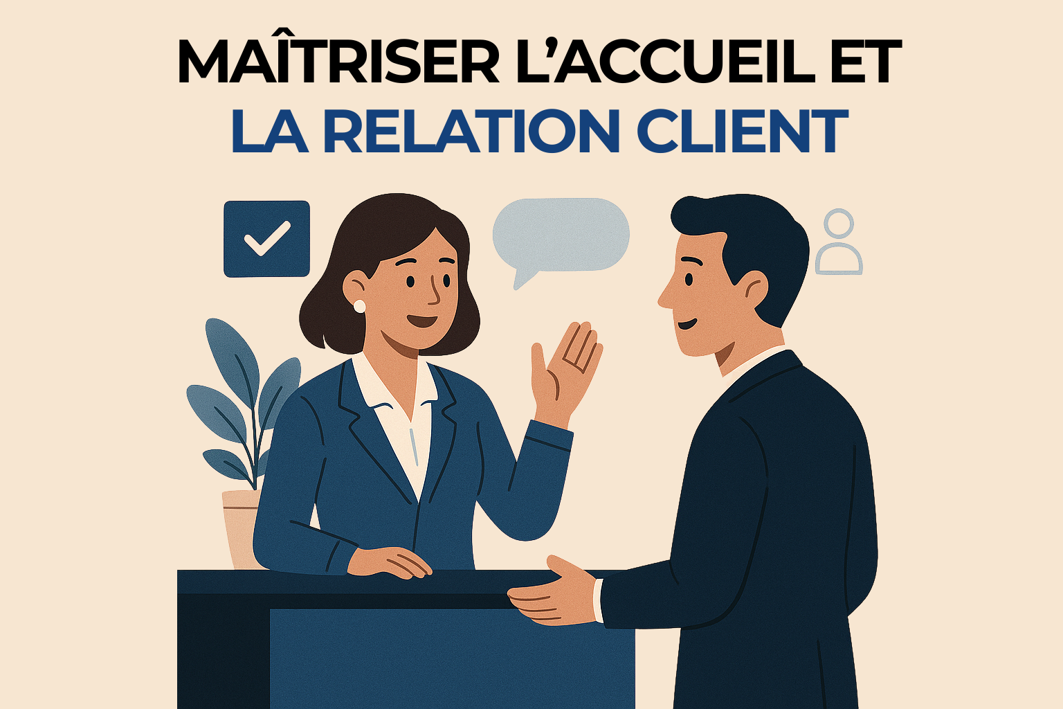 Agent d’accueil souriant recevant un client avec professionnalisme au comptoir.