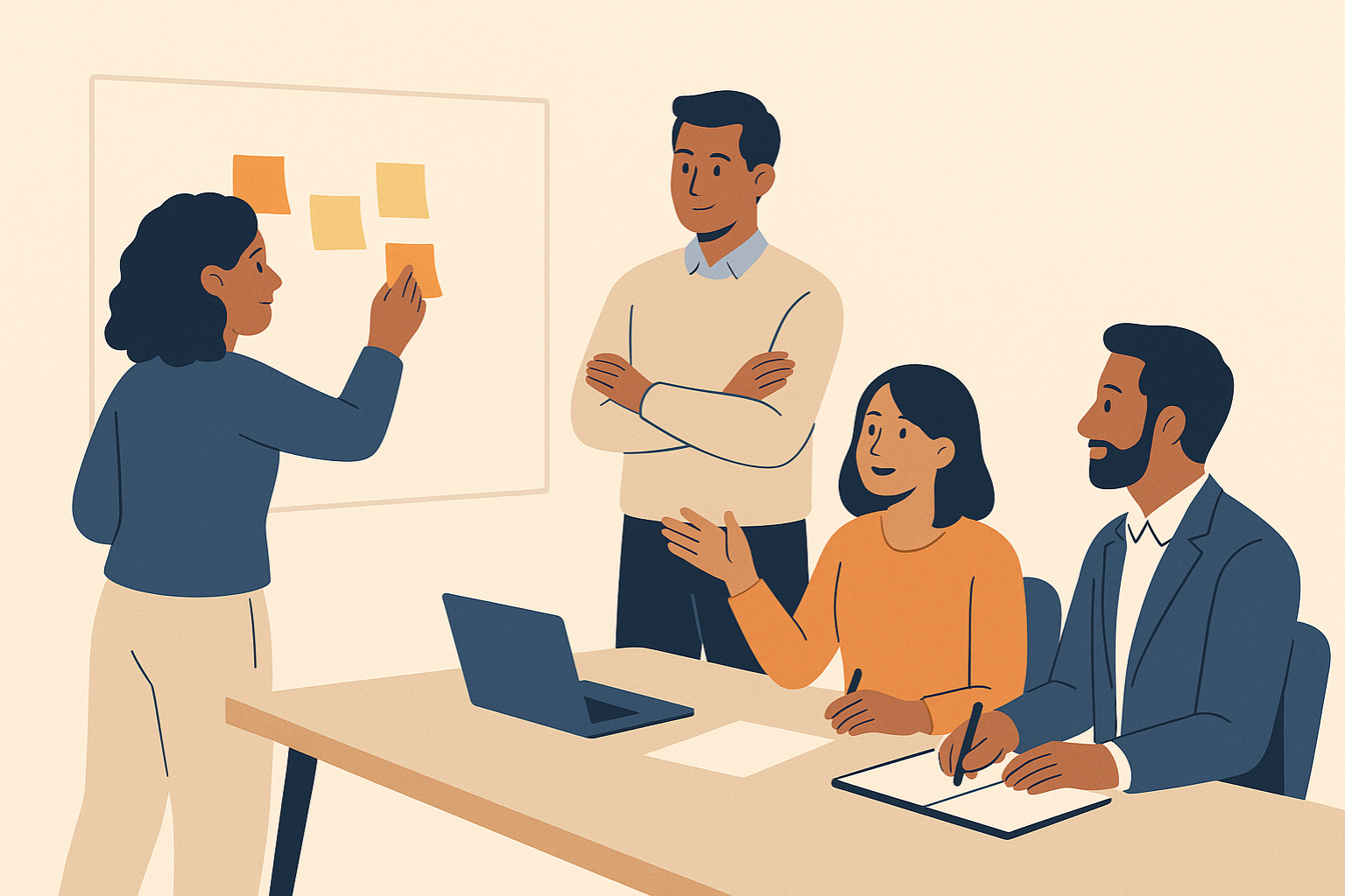 Animateur interagissant avec un groupe de participants, stimulant un brainstorming.
