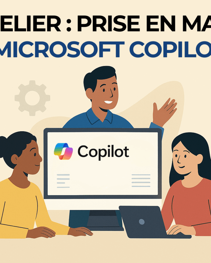 Illustration d’un formateur présentant Microsoft Copilot à deux participantes sur ordinateur.
