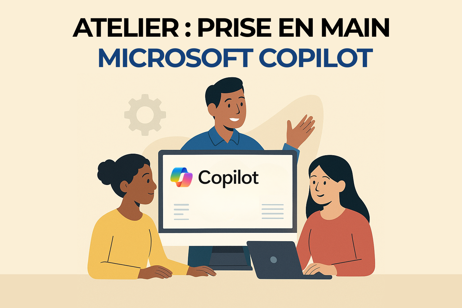 Illustration d’un formateur présentant Microsoft Copilot à deux participantes sur ordinateur.