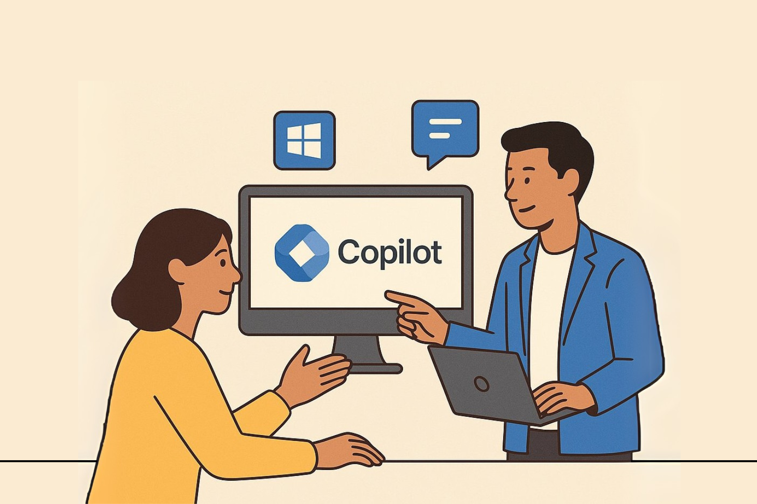 Trois utilisateurs échangeant autour d’un écran affichant Copilot, avec icônes de configuration.