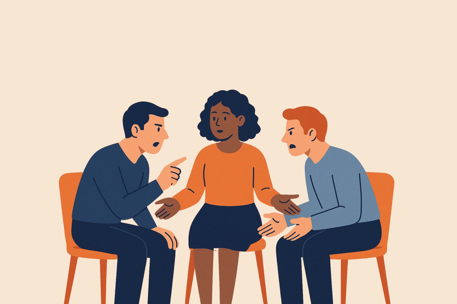 Employé utilisant l’écoute active et des gestes ouverts lors d’une médiation.