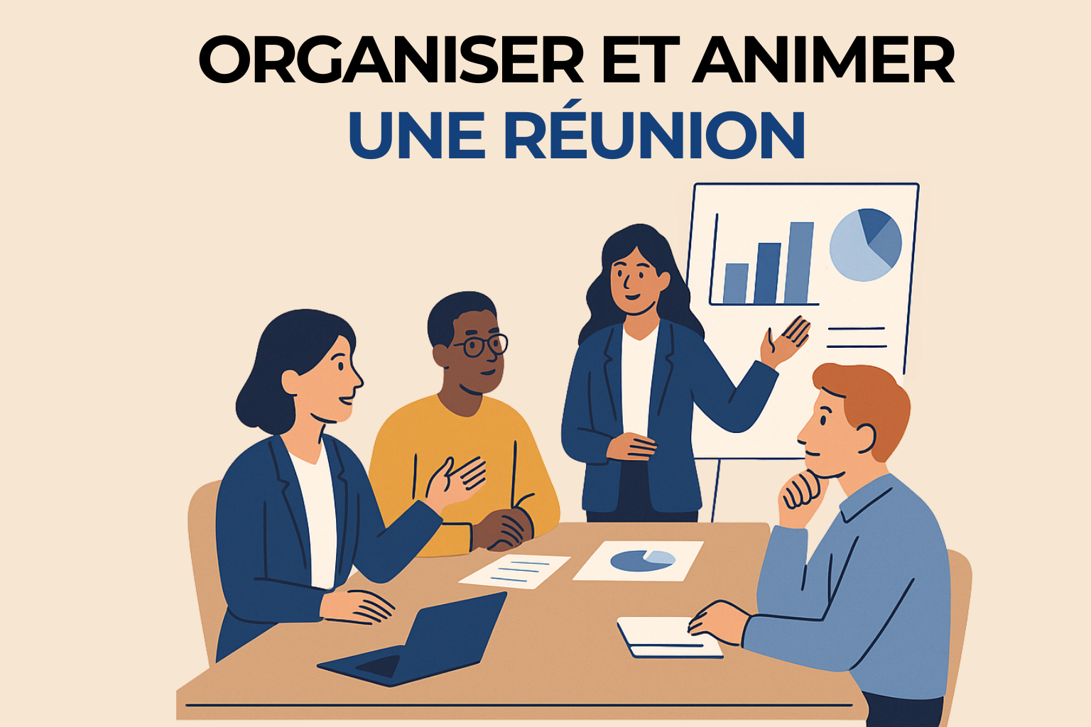 Animateur de réunion dirigeant une équipe autour d’une table, avec écran et documents.