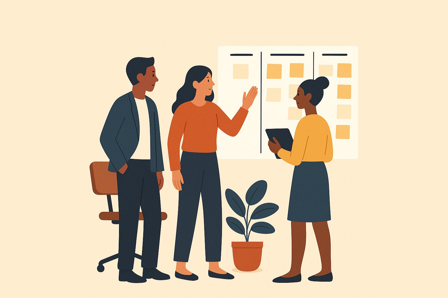 Interface de tableau agile sur écran, deux collaborateurs échangent sur l’avancement.