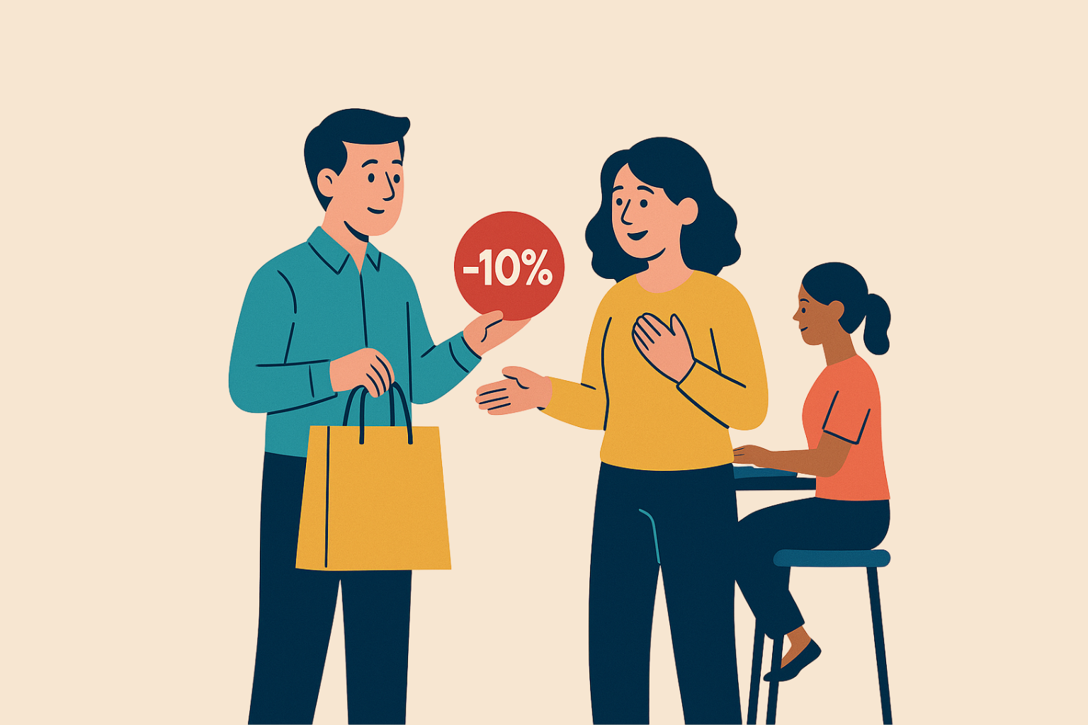 Équipe marketing discutant autour de flyers, cartes de fidélité et supports digitaux.